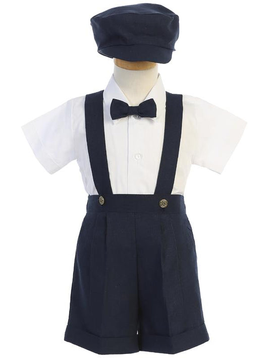 Navy Linen Suspender Short Set